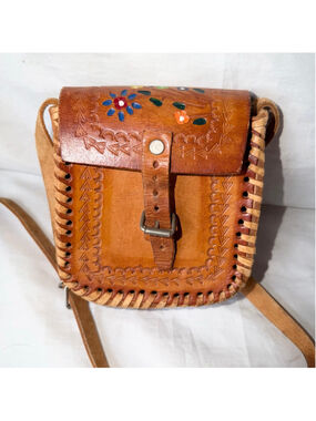 Vintage Tooled Leather Floral Crossbody Purse Boho Hippie Hobo Folk Art Bag